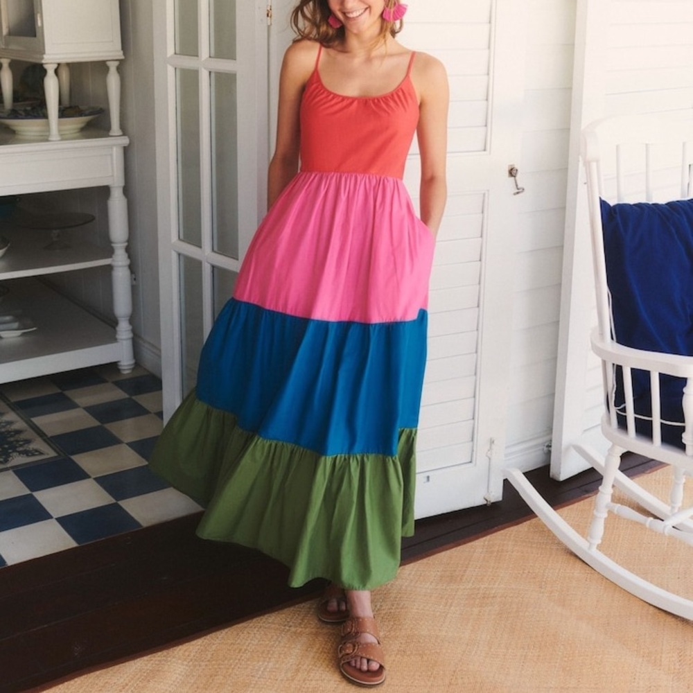 Boden Trapeze Cotton Maxi Dress Rainbow Tiered Colorblock Boho Sundress US 8 - Picture 5 of 11